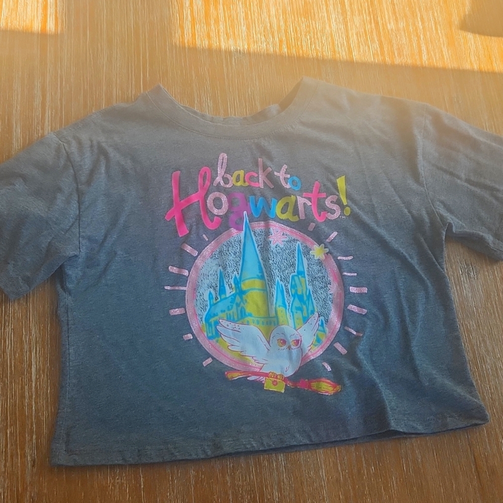 BOGO Girls XL 14 16 Harry Potter hogwarts cropped tshirt grey bright design